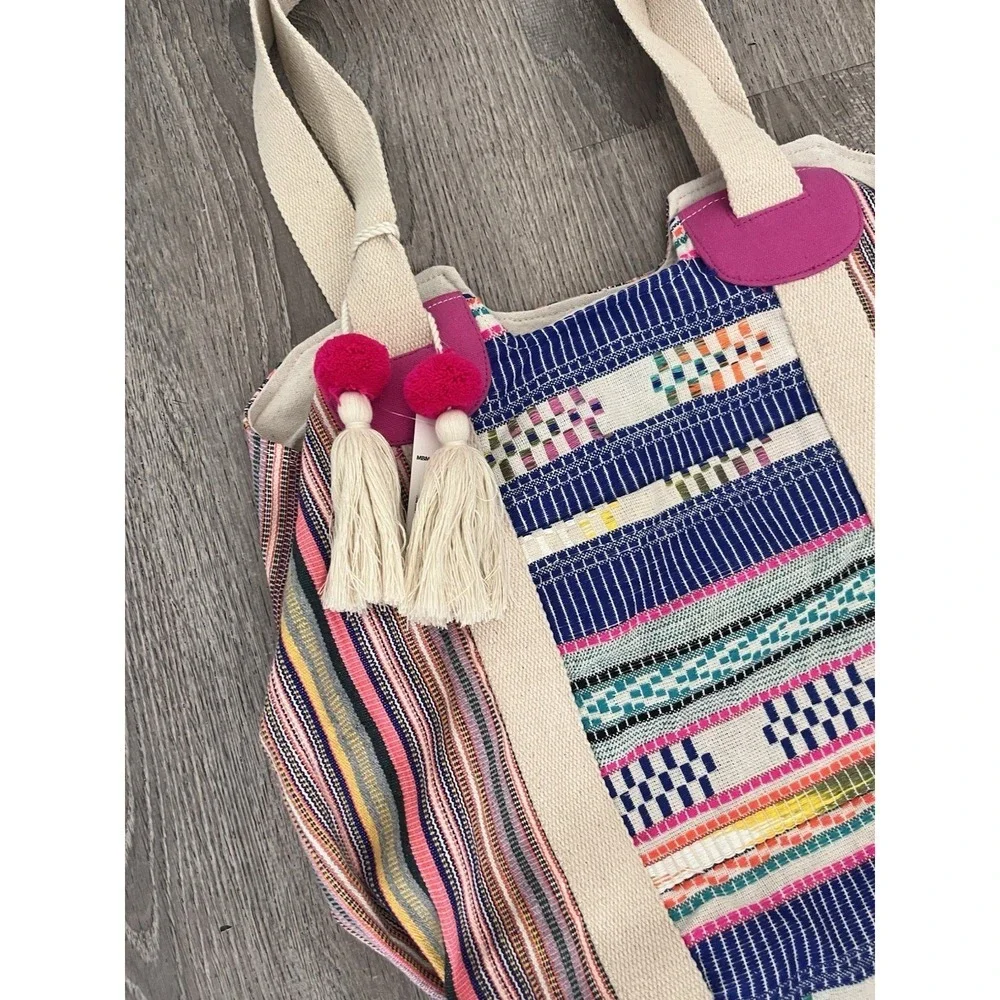 Boho Striped Canvas Tote Bag Tassels Bohemian Festival Beach Shoulder Bag NWT